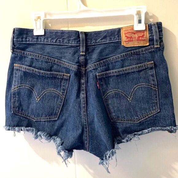 Dark Blue Denim Jean Shorts Cut Offs 29W Original Levi's Womens Fray high Waist - Picture 3 of 10